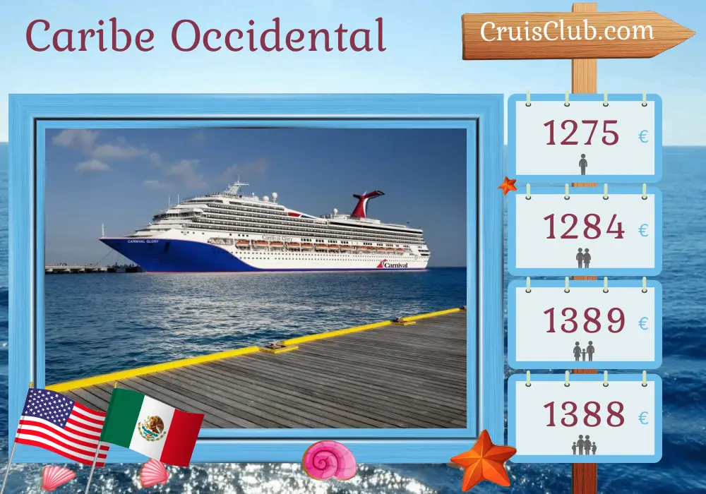 Crucero por el Caribe Occidental desde Nueva Orleans a bordo del barco Carnival Glory con visitas a Estados Unidos, Jamaica, Islas Caimán y México durante 8 días