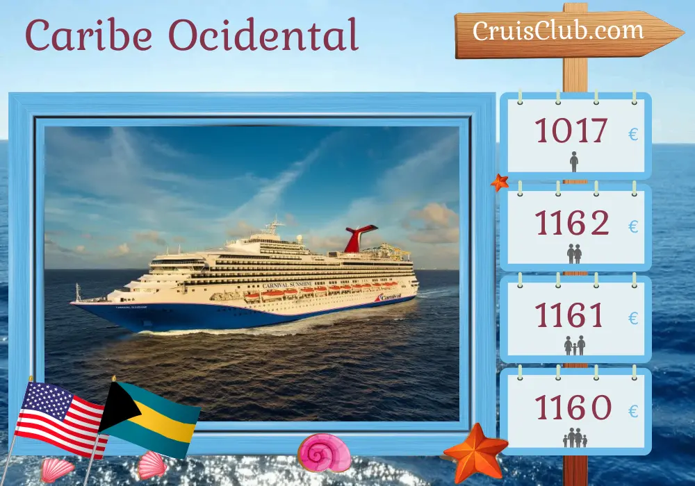 Cruzeiro no Caribe Ocidental a partir de Charleston a bordo do navio Carnival Sunshine, com visitas aos EUA e Bahamas por 6 dias