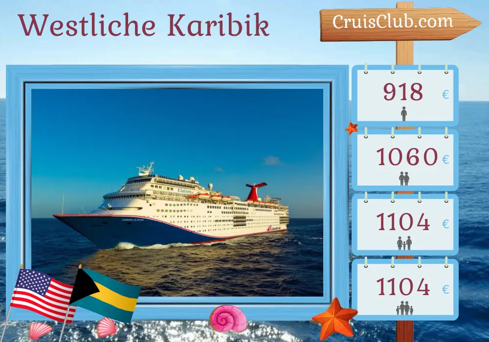 Kreuzfahrt in der westlichen Karibik ab Jacksonville auf dem Schiff Carnival Elation mit Besuchen in den USA und den Bahamas für 6 Tage