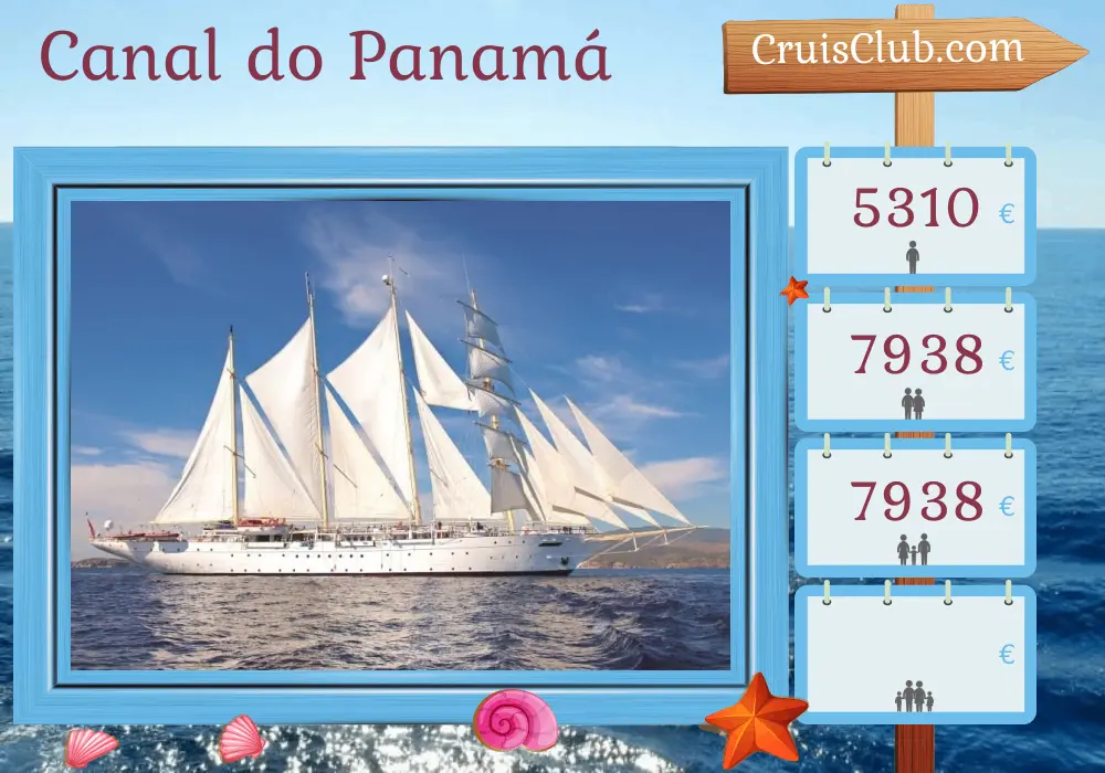 Cruzeiro no Canal do Panamá de Balboa a St. John`s a bordo do navio Star Clipper com visitas ao Panamá, Colômbia, Aruba, Curaçao, São Cristóvão e Nevis e São Bartolomeu durante 15 dias