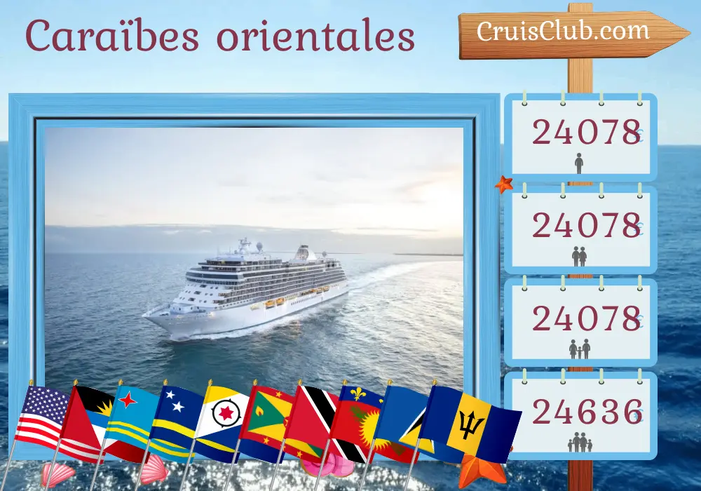 Croisière dans les Caraïbes de l`Est de Miami à Bridgetown à bord du navire Seven Seas Splendor avec des escales aux États-Unis, en République dominicaine, à Saint-Barthélemy, à Porto Rico, à Aruba, à Curaçao, à la Grenade, à Trinité-et-Tobago, à Saint-Vincent-et-les-Grenadines, en Guadeloupe, à Sainte-Lucie et à la Barbade pendant 18 jours