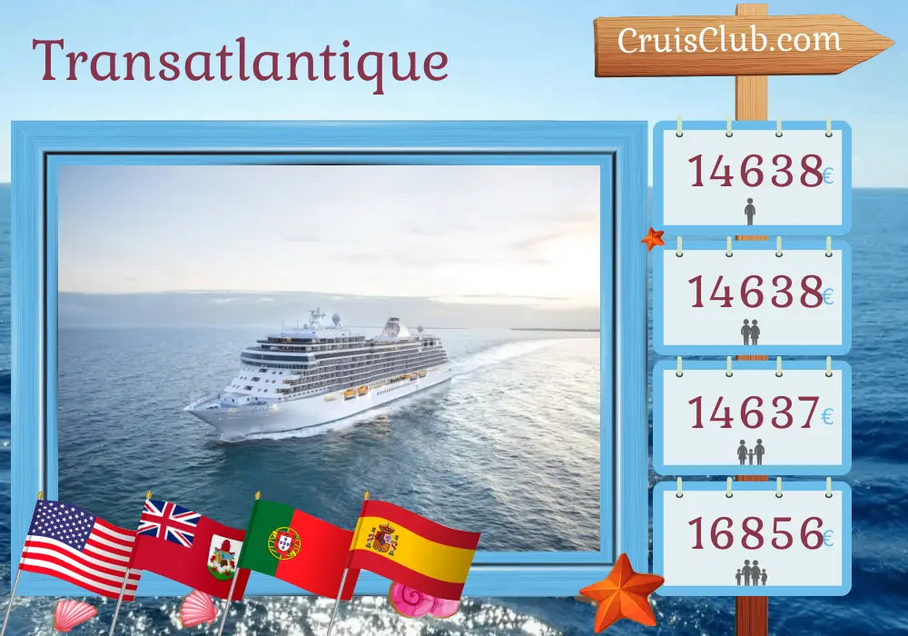 Croisière transatlantique de Miami à Barcelone à bord du navire Seven Seas Splendor avec visites aux États-Unis, aux Bermudes, au Portugal et en Espagne pendant 15 jours