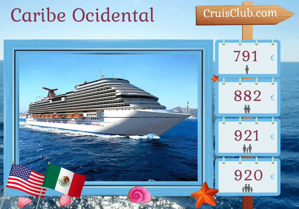 Cruzeiro no Caribe Ocidental saindo de Galveston a bordo do navio Carnival Breeze com visitas aos EUA e ao México por 6 dias