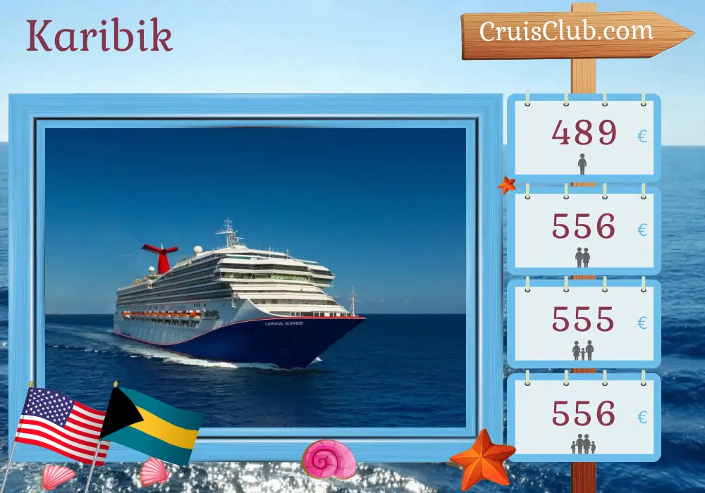 Kreuzfahrt in der Karibik ab Miami an Bord des Schiffes Carnival Sunrise mit Besuchen in den USA und den Bahamas für 5 Tage