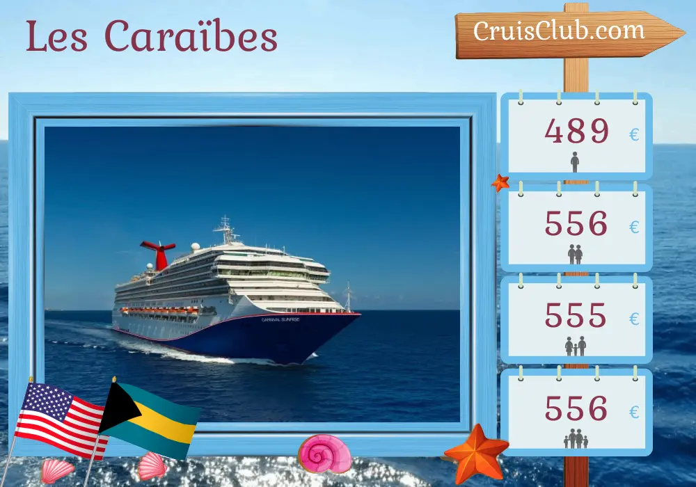 Croisière dans les Caraïbes au départ de Miami à bord du navire Carnival Sunrise avec des escales aux États-Unis et aux Bahamas pendant 5 jours