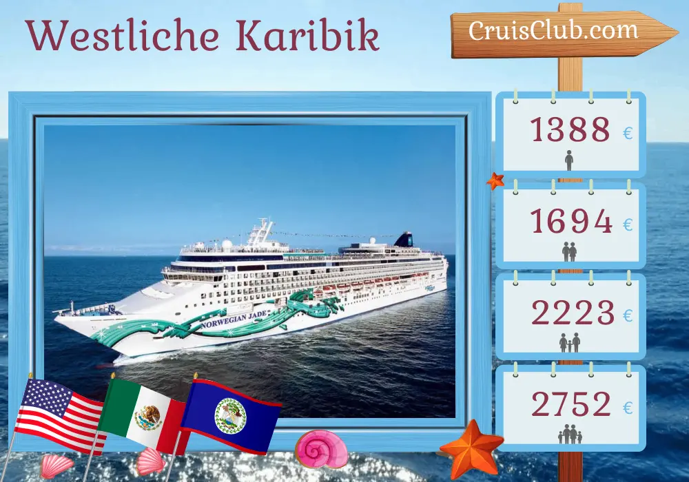 Kreuzfahrt in der westlichen Karibik ab Tampa an Bord des Schiffes Norwegian Jade mit Besuchen in den USA, Mexiko, Belize und Honduras für 8 Tage