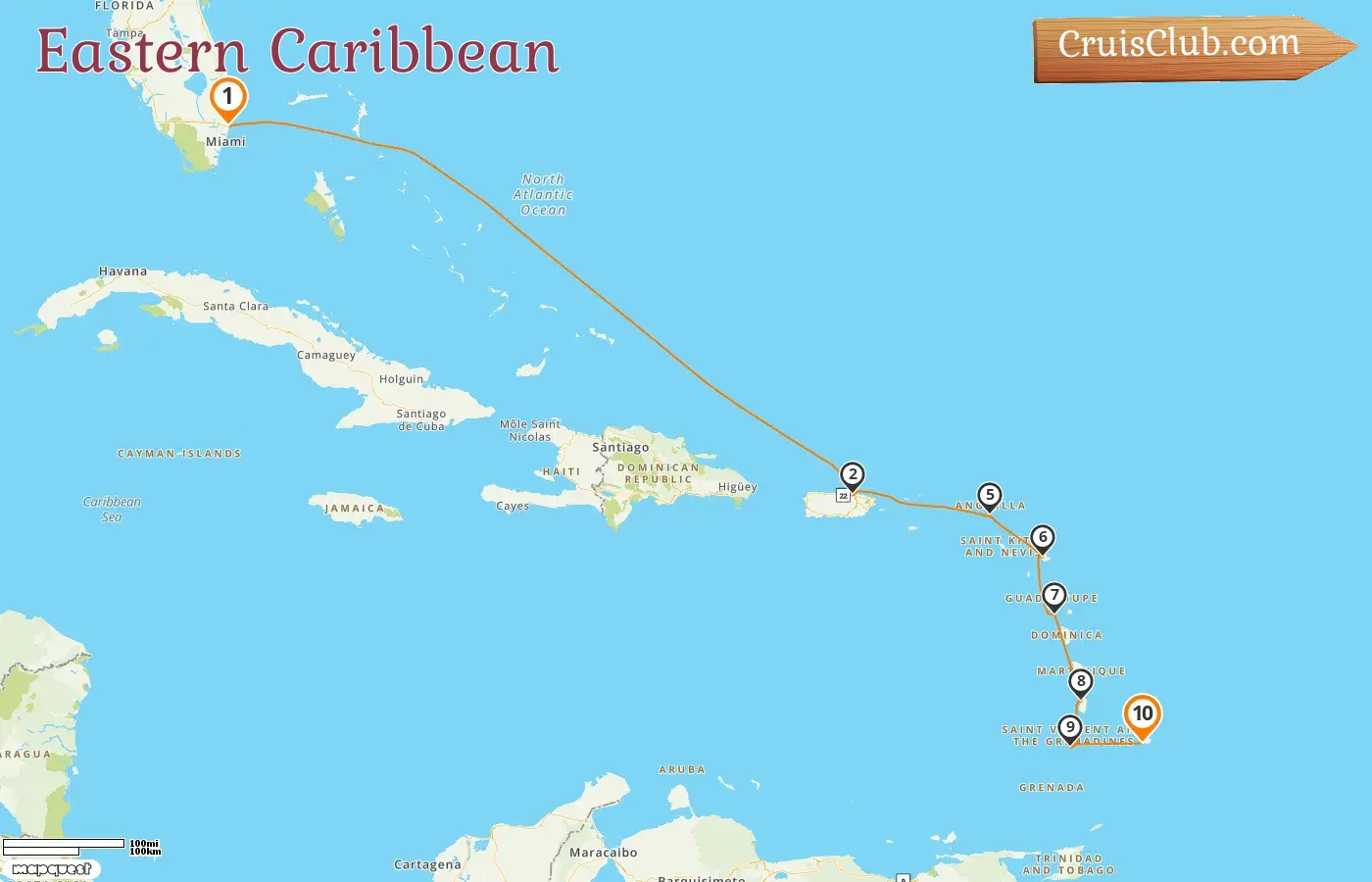 Kreuzfahrt in der östlichen Karibik von Fort Lauderdale nach Bridgetown an Bord des Schiffes Silver Shadow mit Besuchen in den USA, Puerto Rico, Guadeloupe, St. Lucia, St. Vincent und die Grenadinen und Barbados für 10 Tage