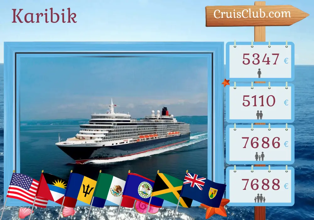 Kreuzfahrt in der Karibik von Miami an Bord des Schiffes Queen Elizabeth mit Besuchen in den USA, Barbados, Mexiko, Belize und Jamaika für 22 Tage