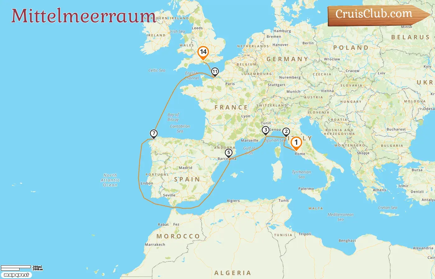 Kreuzfahrt im Mittelmeer von Civitavecchia nach Southampton an Bord des Schiffes Seven Seas Grandeur mit Besuchen in Italien, Monaco, Spanien und Frankreich für 14 Tage