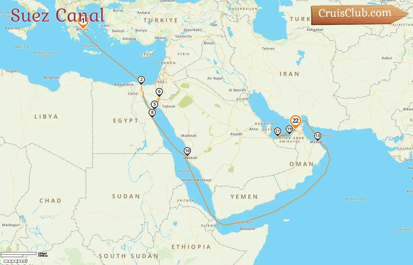Cruise in the Suez Canal from Piraeus to Dubai aboard Seven Seas Voyager ship with visits to Greece, Egypt, Jordan, Saudi Arabia, Oman, and United Arab Emirates for 22 days