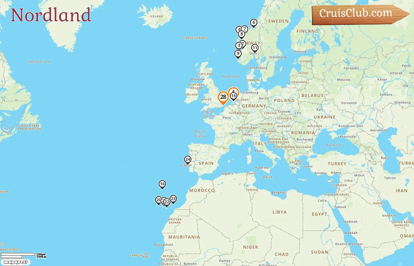 Croisière dans le Nordland de Rotterdam à Douvres à bord du navire Nieuw Statendam avec des escales en Norvège, au Portugal et en Espagne pendant 28 jours