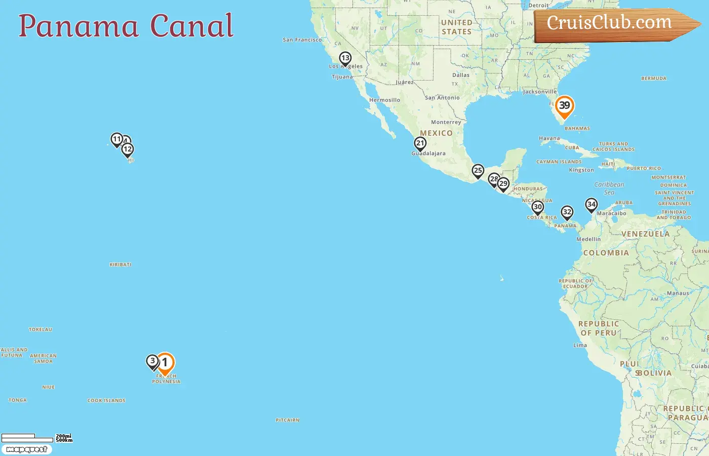 Cruise in the Panama Canal from Papeete to Miami aboard Seabourn Quest ship with visits to French Polynesia, USA, Mexico, Guatemala, Costa Rica, Panama, and Colombia for 39 days
