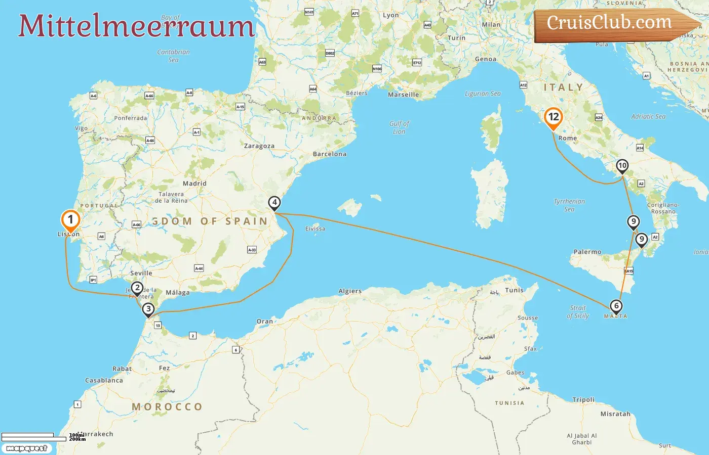 Kreuzfahrt im Mittelmeer von Lissabon nach Civitavecchia an Bord des Schiffes Oosterdam mit Stopps in Spanien, Marokko, Malta und Italien für 12 Tage