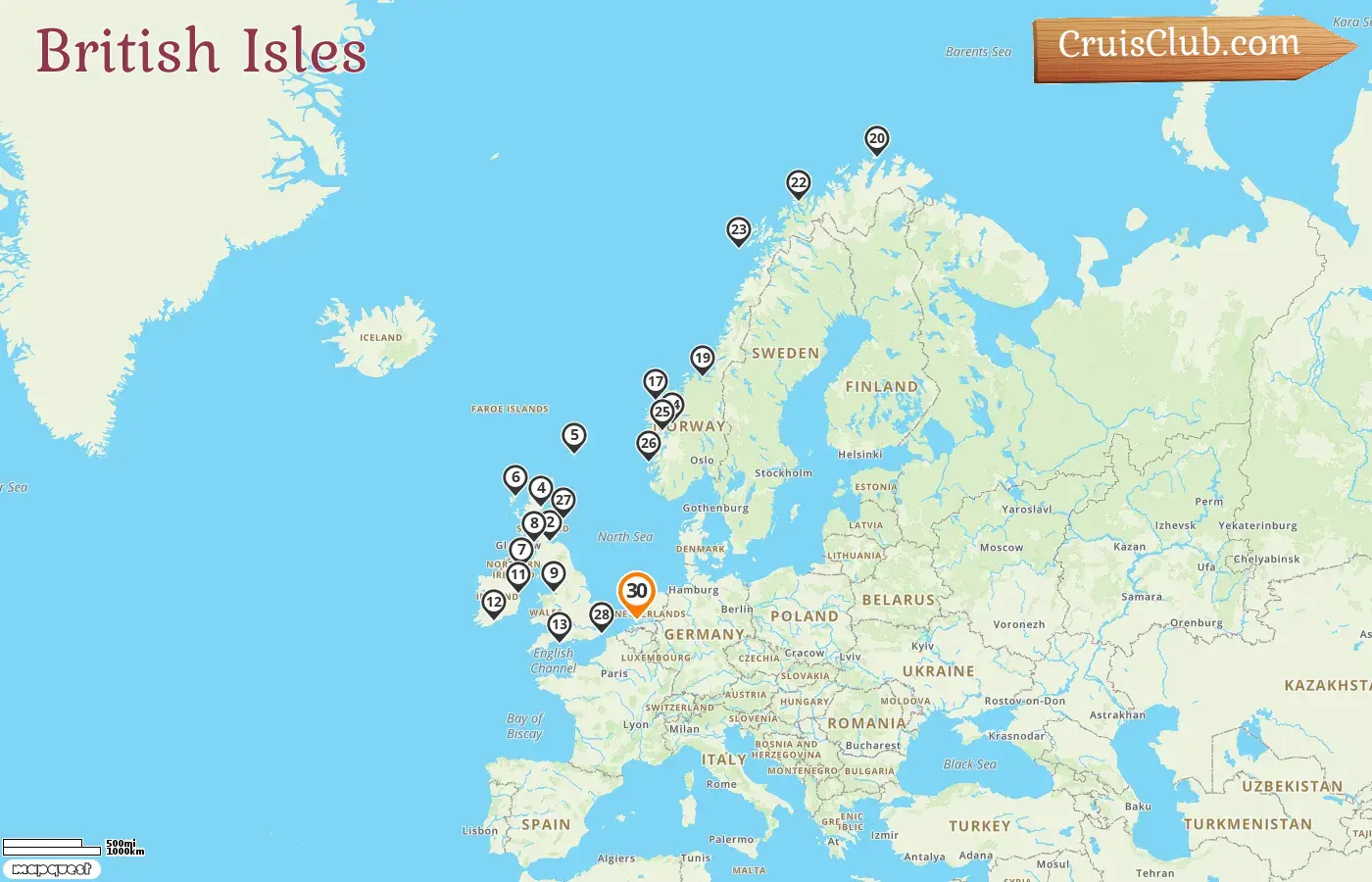 Kreuzfahrt in den Britischen Inseln von Rotterdam aus an Bord des Schiffes Nieuw Statendam mit Besuchen in Irland und Norwegen für 30 Tage
