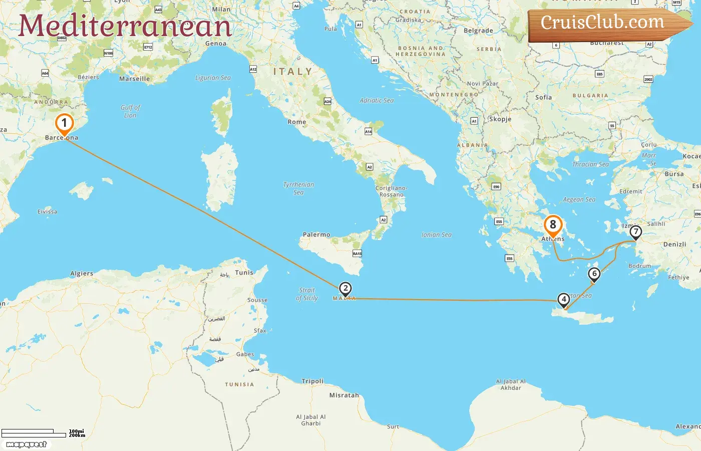 Cruise in the Mediterranean from Barcelona to Piraeus aboard Oosterdam ship with visits to Spain, Malta, Greece, and Turkey for 8 days