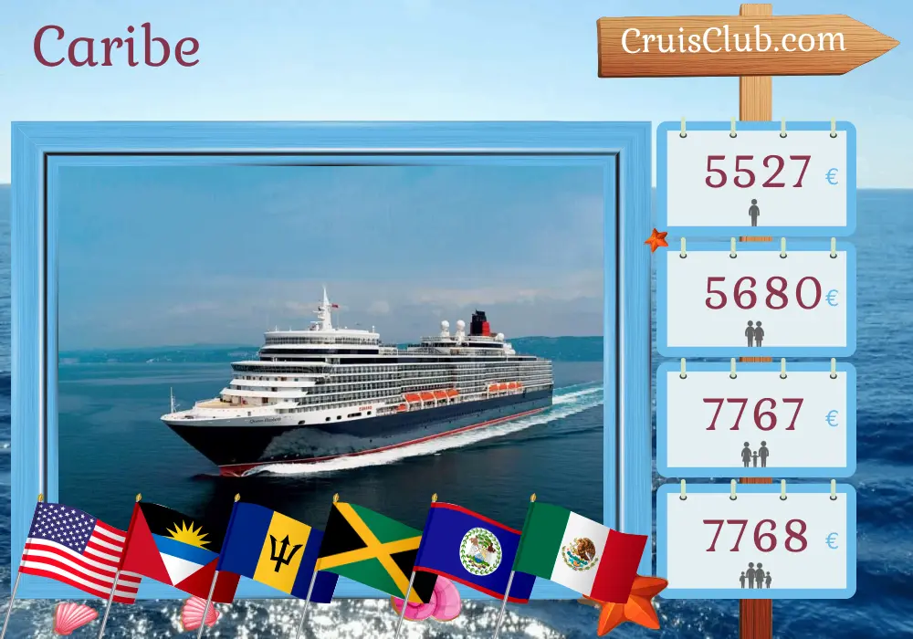 Crucero por el Caribe desde Miami a bordo del barco Queen Elizabeth con visitas a Estados Unidos, Barbados, República Dominicana, Jamaica, Belice y México durante 22 días