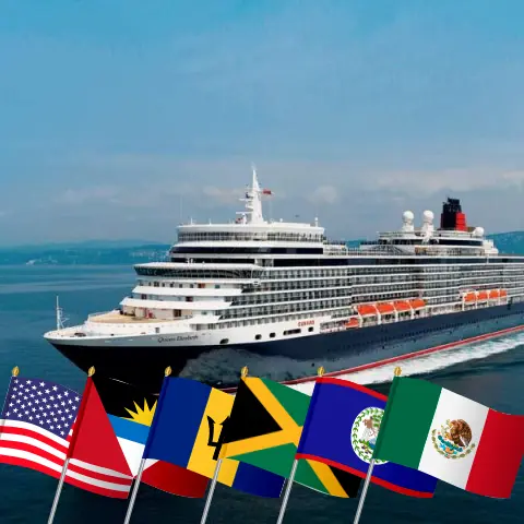 Crucero por el Caribe desde Miami a bordo del barco Queen Elizabeth con visitas a Estados Unidos, Barbados, República Dominicana, Jamaica, Belice y México durante 22 días