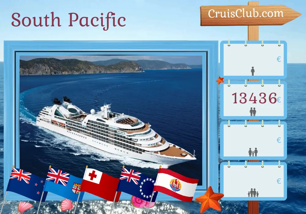 Cruise in the South Pacific from Auckland to Papeete aboard Seabourn Quest ship with visits to New Zealand, Fiji, Tonga, Cook Islands, and French Polynesia for 16 days