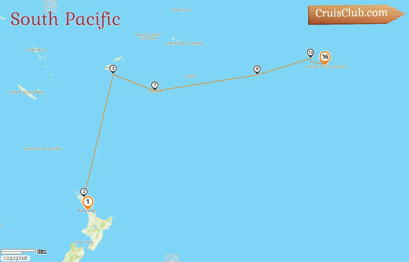 Cruise in the South Pacific from Auckland to Papeete aboard Seabourn Quest ship with visits to New Zealand, Fiji, Tonga, Cook Islands, and French Polynesia for 16 days