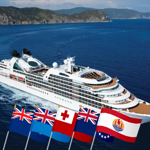 Cruise in the South Pacific from Auckland to Papeete aboard Seabourn Quest ship with visits to New Zealand, Fiji, Tonga, Cook Islands, and French Polynesia for 16 days