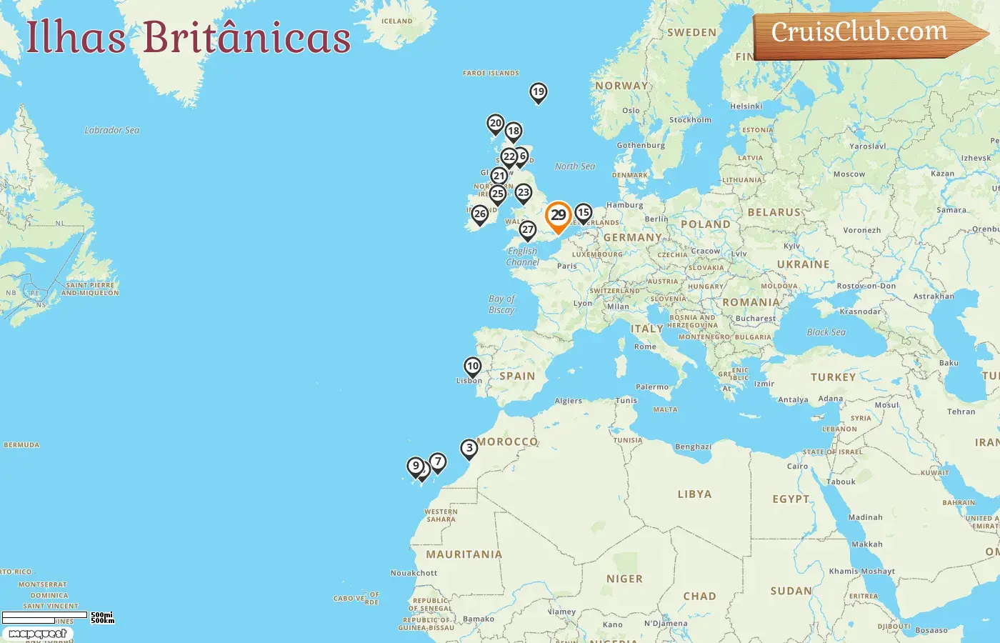 Cruzeiro nas Ilhas Britânicas a partir de Dover a bordo do navio Nieuw Statendam com visitas a Marrocos, Espanha e Irlanda por 29 dias