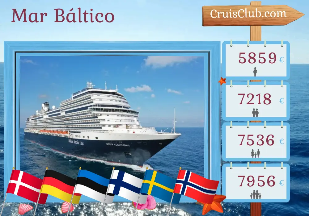 Crucero por el mar Báltico desde Dover a bordo del barco Nieuw Statendam con visitas a Dinamarca, Alemania, Estonia, Finlandia, Suecia y Noruega durante 15 días