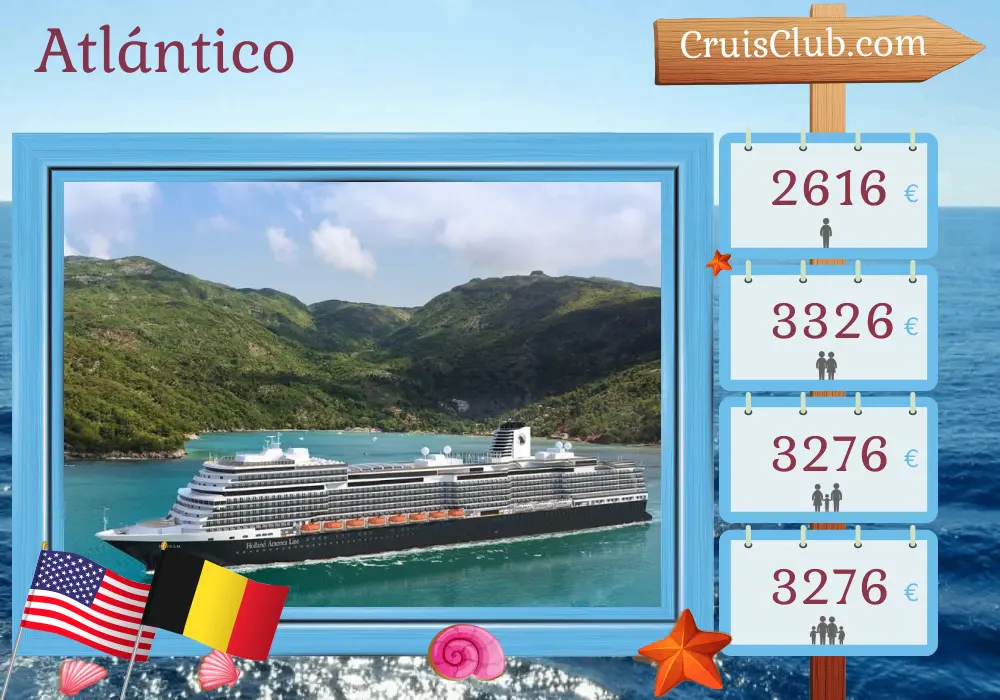 Crucero en el Atlántico desde Fort Lauderdale a Róterdam a bordo del barco Róterdam con visitas a EE. UU. y Bélgica por 15 días