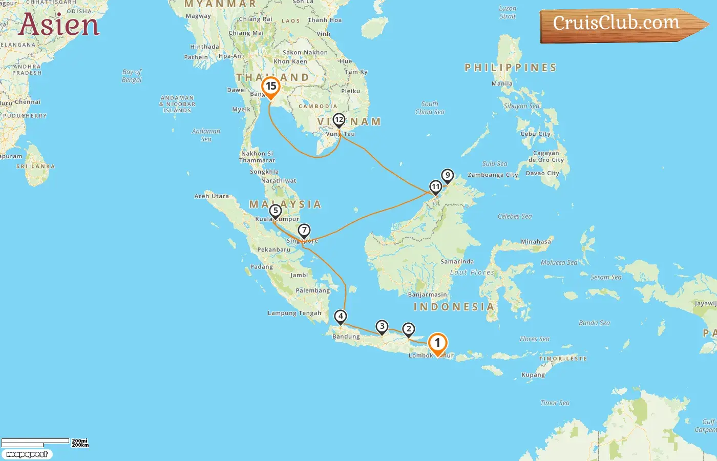 Kreuzfahrt in Asien von Benoa nach Laem Chabang an Bord des Schiffes Seven Seas Explorer mit Besuchen in Indonesien, Malaysia, Singapur, Brunei Darussalam, Viet Nam und Thailand für 15 Tage