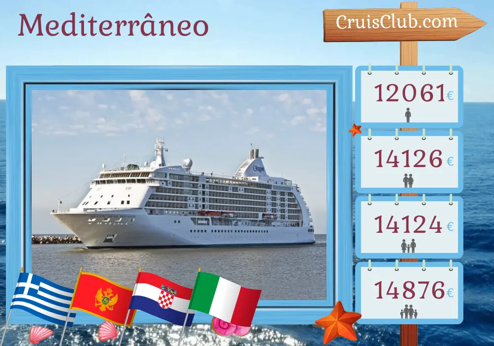 Cruzeiro no Mediterrâneo de Pireu a Trieste a bordo do navio Seven Seas Voyager com visitas à Grécia, Turquia, Montenegro, Croácia e Itália por 15 dias