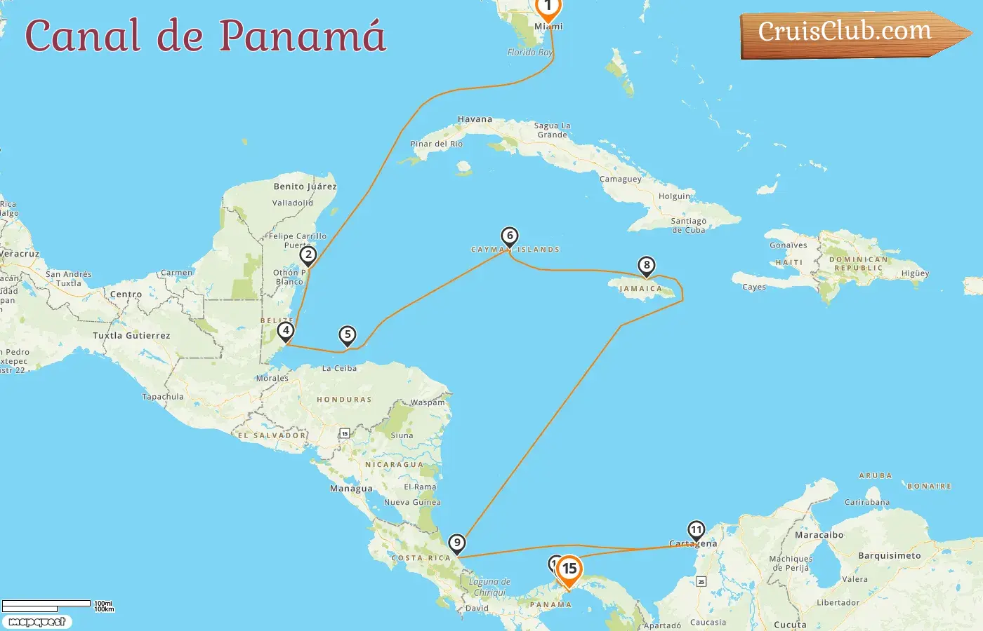 Crucero por el Canal de Panamá desde Miami a la Ciudad de Panamá a bordo del barco Seven Seas Grandeur con visitas a EE. UU., México, Belice, Honduras, Islas Caimán, Jamaica, Costa Rica, Colombia y Panamá durante 15 días