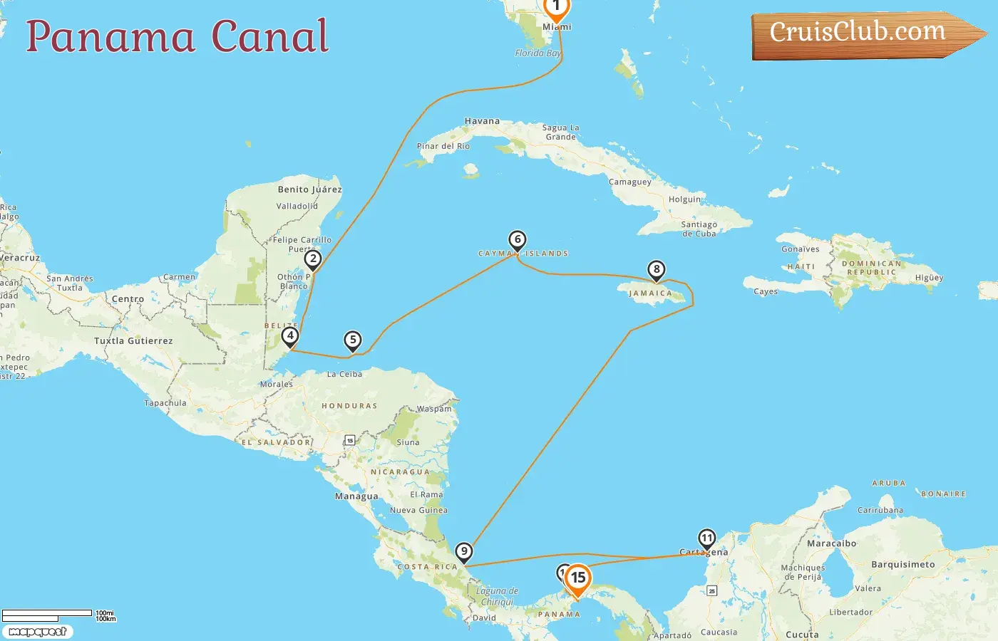 Cruise in the Panama Canal from Miami to Panama City aboard Seven Seas Grandeur ship with visits to USA, Mexico, Belize, Honduras, Cayman Islands, Jamaica, Costa Rica, Colombia, and Panama for 15 days