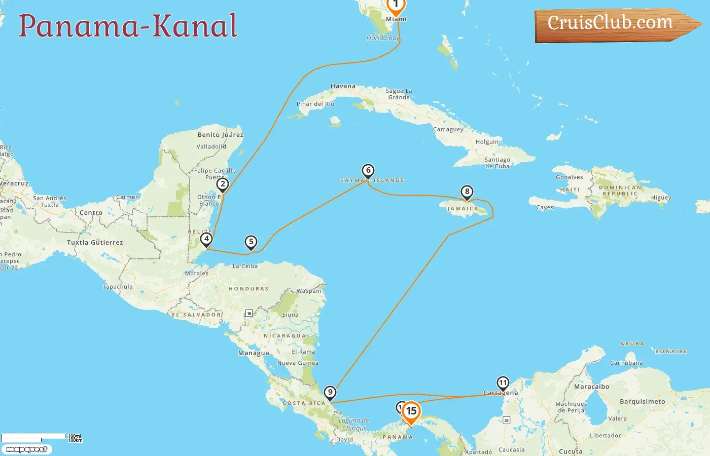 Kreuzfahrt im Panamakanal von Miami nach Panama-Stadt an Bord des Schiffes Seven Seas Grandeur mit Besuchen in den USA, Mexiko, Belize, Honduras, Kaimaninseln, Jamaika, Costa Rica, Kolumbien und Panama für 15 Tage