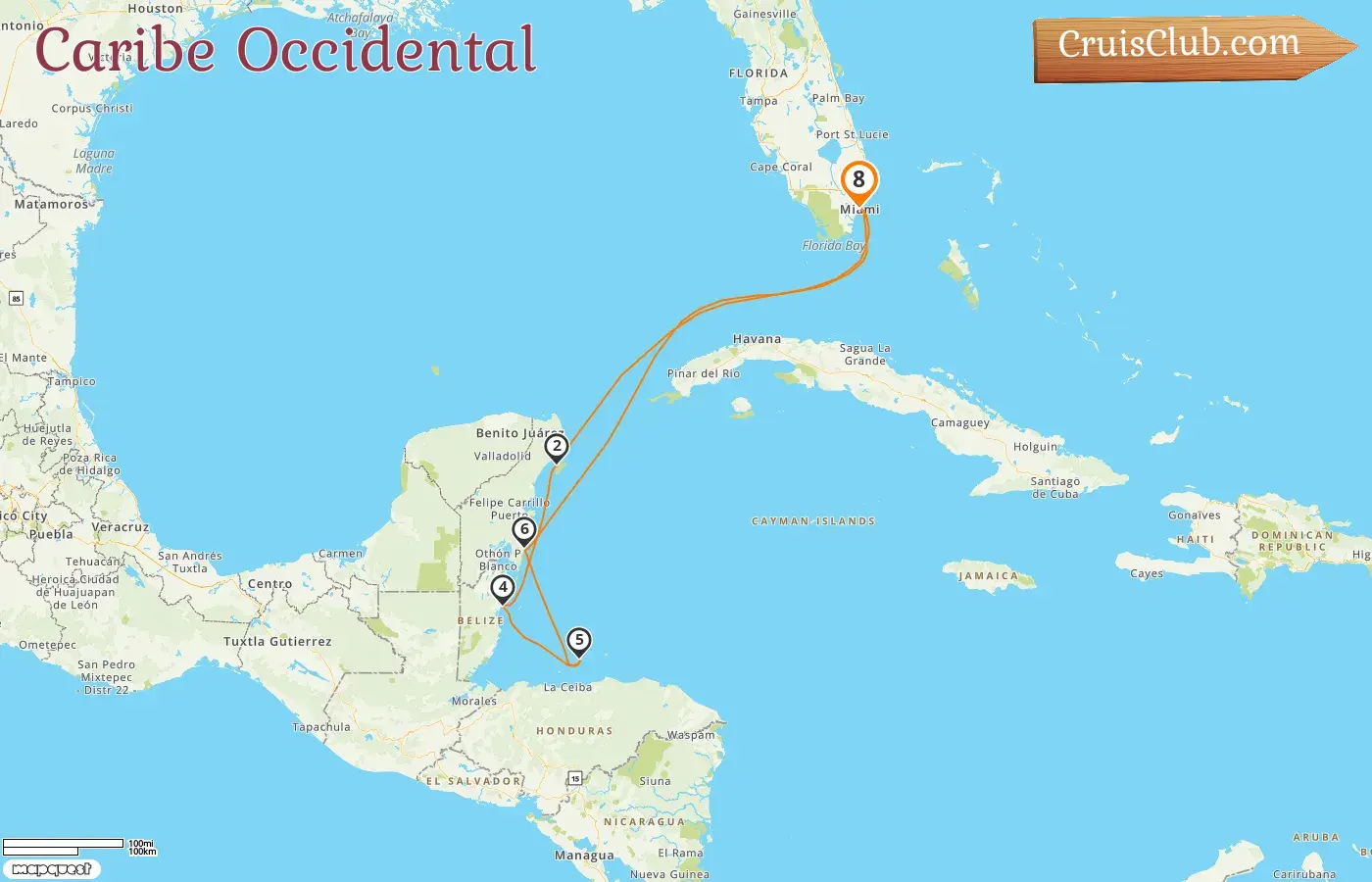 Crucero por el Caribe Occidental desde Miami a bordo del Seven Seas Grandeur con visitas a Estados Unidos, México, Belice y Honduras durante 8 días