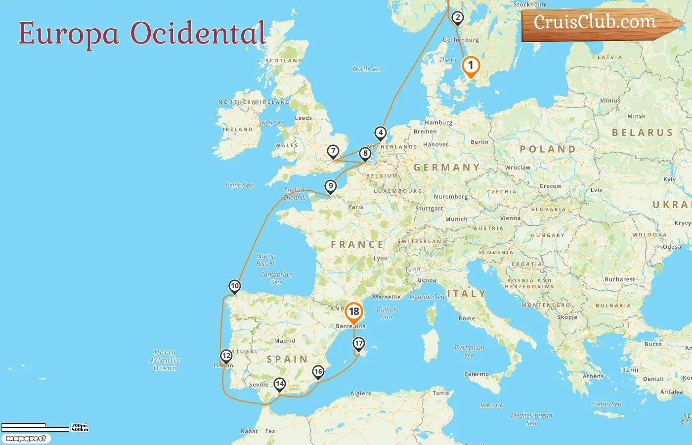 Cruzeiro na Europa Ocidental de Copenhague a Barcelona a bordo do navio Seven Seas Voyager com visitas à Dinamarca, Suécia, Noruega, Holanda, Bélgica, França e Espanha por 18 dias