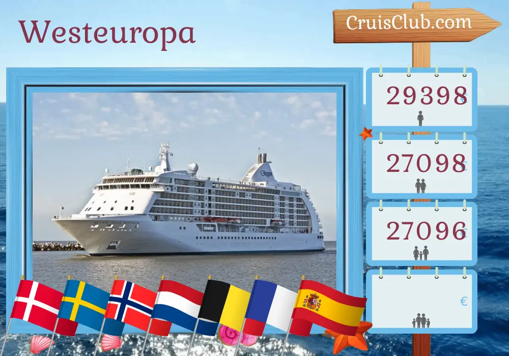Kreuzfahrt in Westeuropa von Kopenhagen nach Barcelona an Bord des Schiffes Seven Seas Voyager mit Stopps in Dänemark, Schweden, Norwegen, den Niederlanden, Belgien, Frankreich und Spanien für 18 Tage