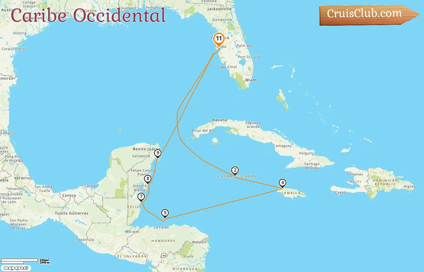 Crucero en el Caribe Occidental desde Tampa a bordo del barco Seven Seas Mariner con visitas a Estados Unidos, Islas Caimán, Jamaica, Honduras, Belice y México por 11 días