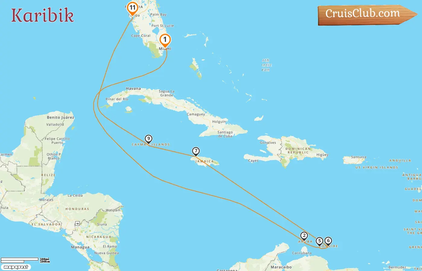 Kreuzfahrt in der Karibik von Miami nach Tampa an Bord des Schiffes Seven Seas Mariner mit Stopps in den USA, Aruba, Curaçao, Jamaika und den Cayman Islands für 11 Tage