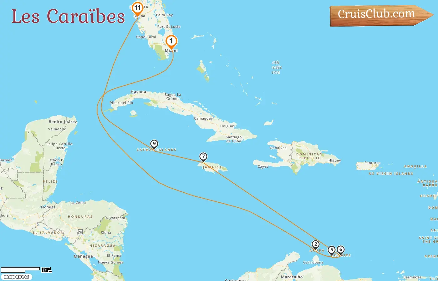 Croisière dans les Caraïbes de Miami à Tampa à bord du navire Seven Seas Mariner avec escales aux États-Unis, à Aruba, Curaçao, en Jamaïque et aux îles Caïmans pendant 11 jours