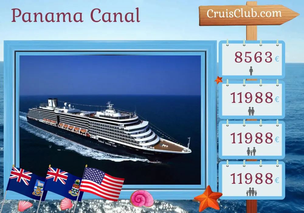 Cruise in the Panama Canal from Buenos Aires to Fort Lauderdale aboard Oosterdam ship with visits to Argentina, Uruguay, Falkland Islands, Chile, Peru, Ecuador, Panama, Cayman Islands, and USA for 32 days