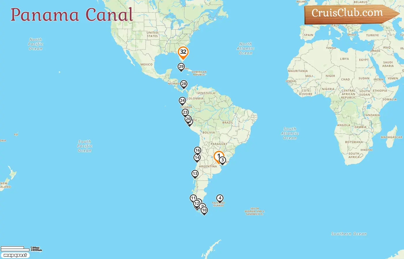 Cruise in the Panama Canal from Buenos Aires to Fort Lauderdale aboard Oosterdam ship with visits to Argentina, Uruguay, Falkland Islands, Chile, Peru, Ecuador, Panama, Cayman Islands, and USA for 32 days