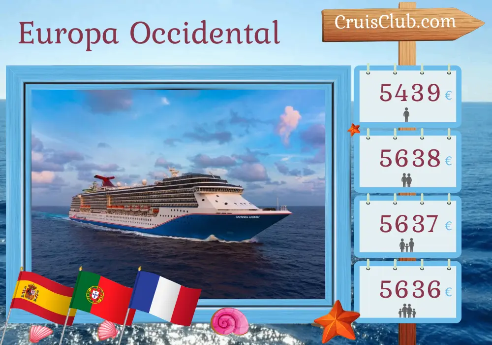 Crucero por Europa Occidental desde Barcelona a Dover a bordo del barco Carnival Legend con visitas a España, Portugal y Francia durante 10 días