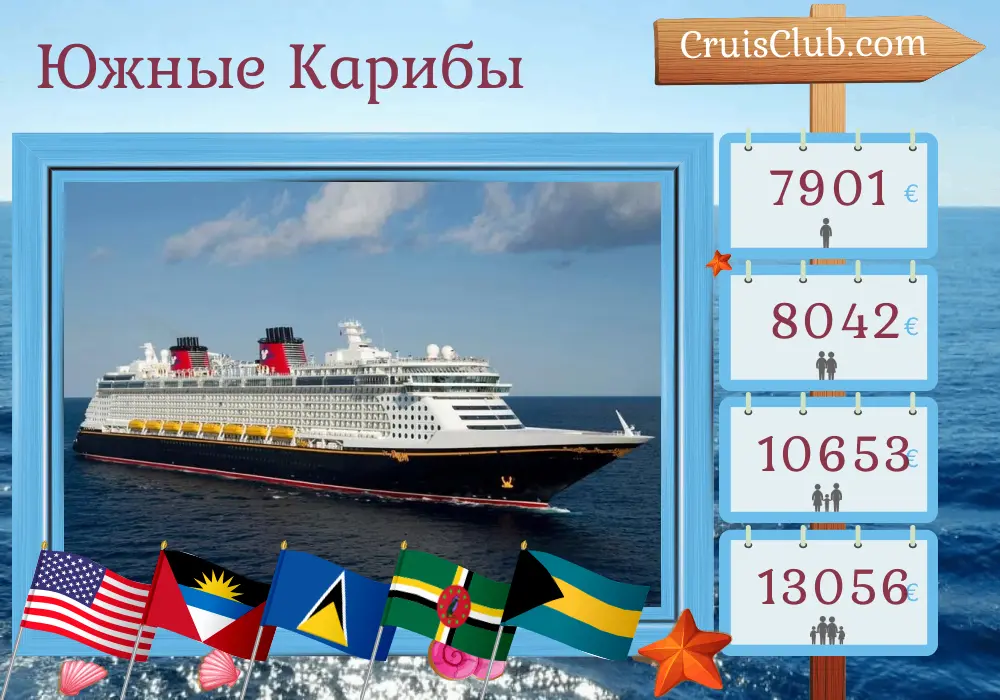 Круиз по Южному Карибскому морю от Порт Канаверал / Орландо на борту судна Disney Fantasy с посещением США, Сент-Люсии, Доминики, Британских Виргинских островов и Багамских островов на 11 дней