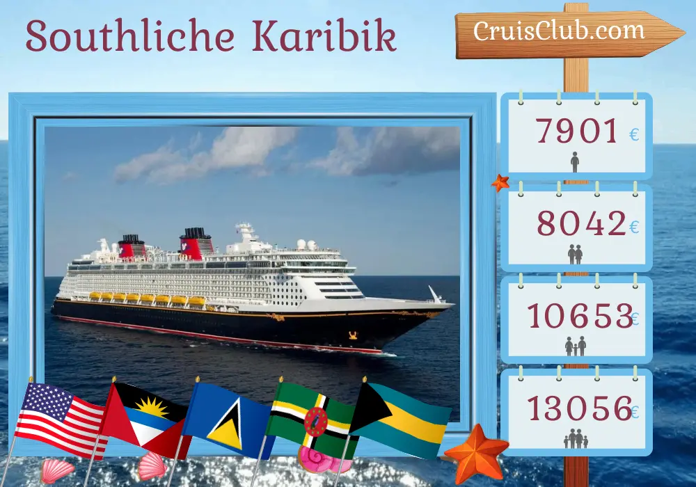 Kreuzfahrt in der südlichen Karibik ab Port Canaveral / Orlando an Bord des Disney Fantasy-Schiffs mit Besuchen in den USA, Saint Lucia, Dominica, den Britischen Jungferninseln und den Bahamas für 11 Tage