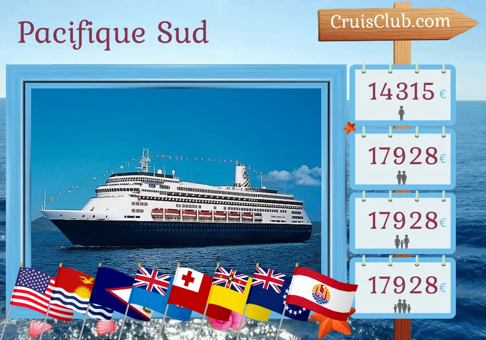 Croisière dans le Pacifique Sud depuis San Diego à bord du navire Zaandam avec des visites aux États-Unis, Kiribati, Samoa, Fidji, Tonga, Niue, Îles Cook et Polynésie française pendant 52 jours