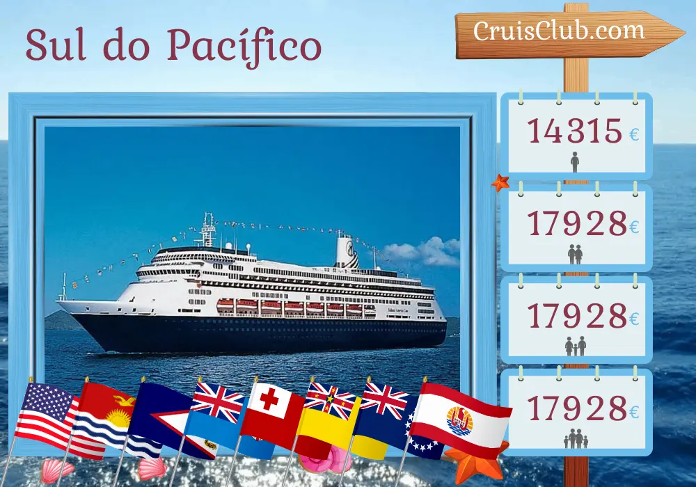 Cruzeiro no Pacífico Sul a partir de San Diego a bordo do navio Zaandam, com visitas aos Estados Unidos, Kiribati, Samoa, Fiji, Tonga, Niue, Ilhas Cook e Polinésia Francesa por 52 dias