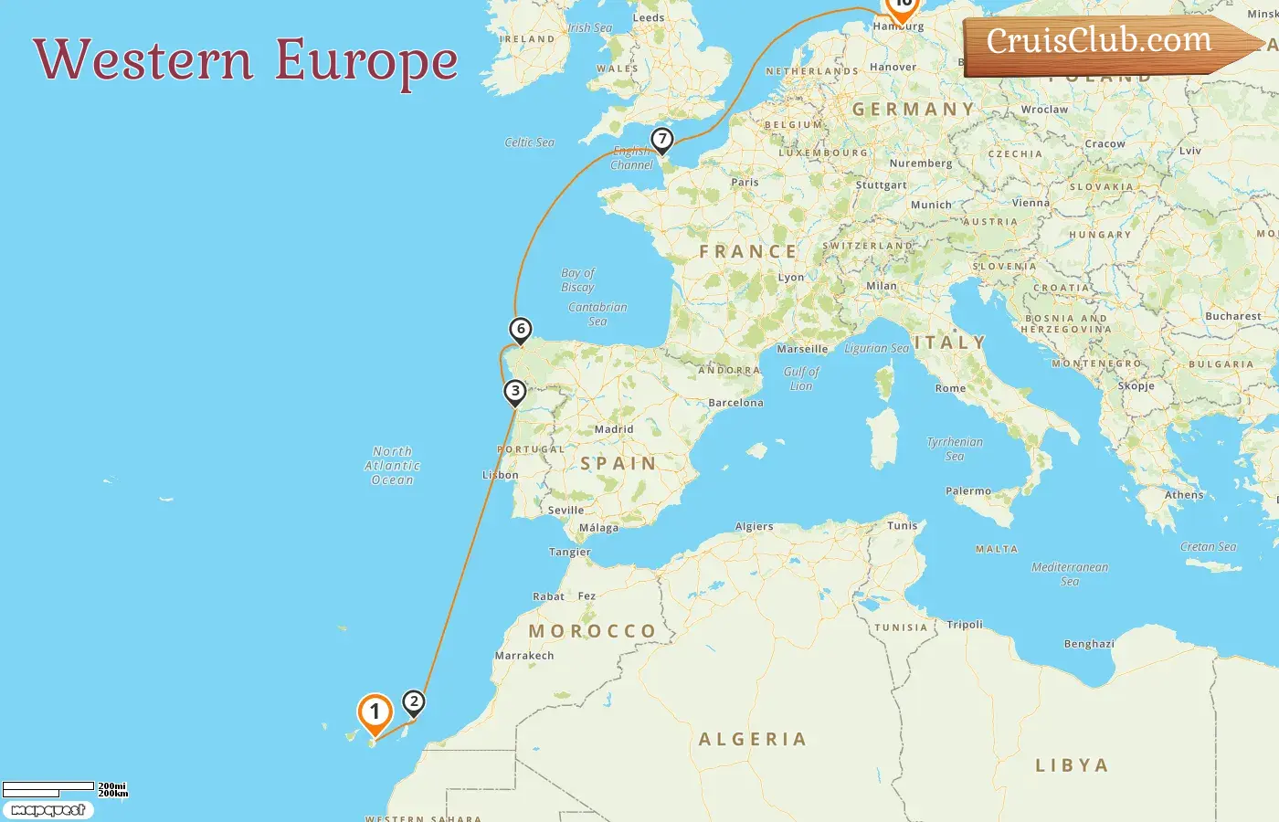 Cruise in the Western Europe from Las Palmas to Hamburg aboard AIDAbella ship with visits to Spain, Portugal, France, and Germany for 10 days