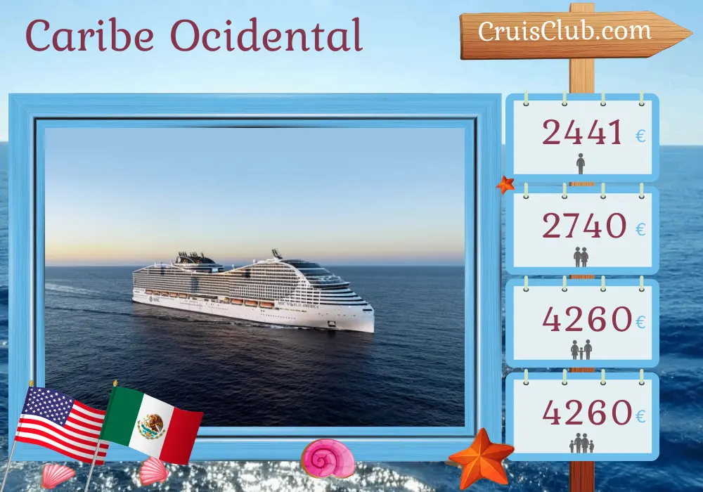 Cruzeiro no Caribe Ocidental a partir de Miami a bordo do navio MSC World America com visitas aos Estados Unidos, República Dominicana, Porto Rico, Bahamas, México e Honduras por 15 dias