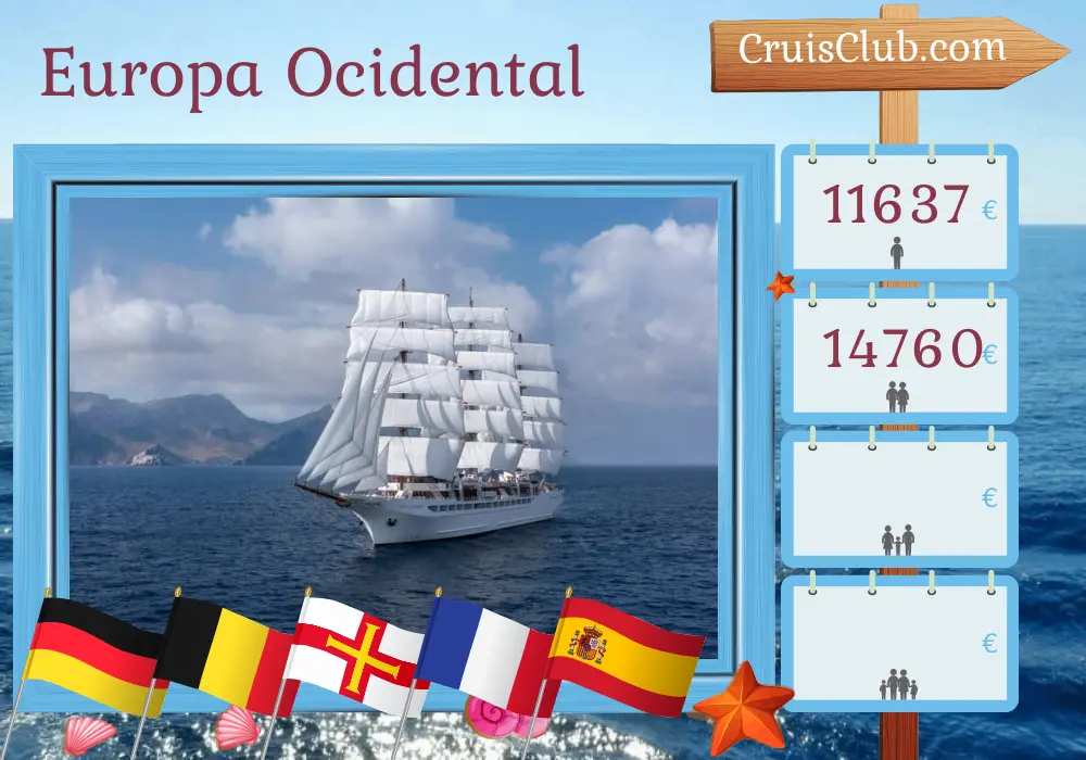 Cruzeiro na Europa Ocidental de Hamburgo a Bilbau a bordo do navio Sea Cloud Spirit com visitas à Alemanha, Bélgica, Guernsey, França e Espanha por 11 dias