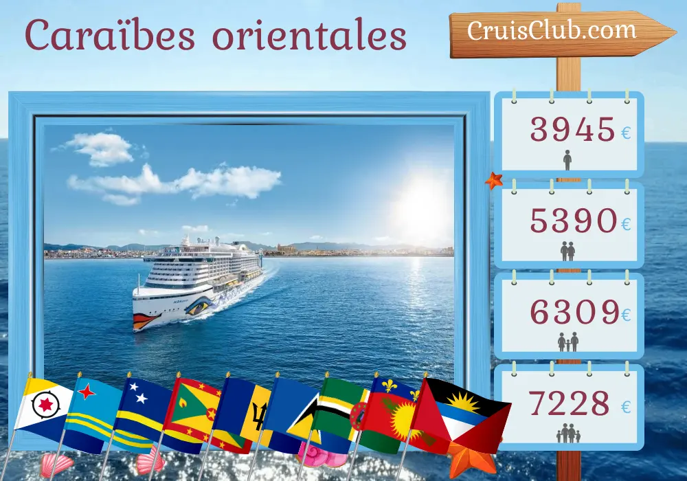 Croisière dans les Caraïbes de l`Est au départ de La Romana à bord du navire AIDAperla avec escales en République dominicaine, à Aruba, Curaçao, Grenade, la Barbade, Saint-Vincent-et-les Grenadines, Sainte-Lucie, la Dominique et la Guadeloupe pendant 15 jours
