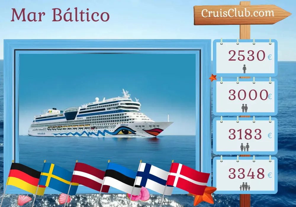 Cruzeiro no Mar Báltico a partir de Warnemünde a bordo do navio AIDAmar com visitas à Alemanha, Suécia, Letônia, Estônia, Finlândia, Polônia e Dinamarca por 11 dias